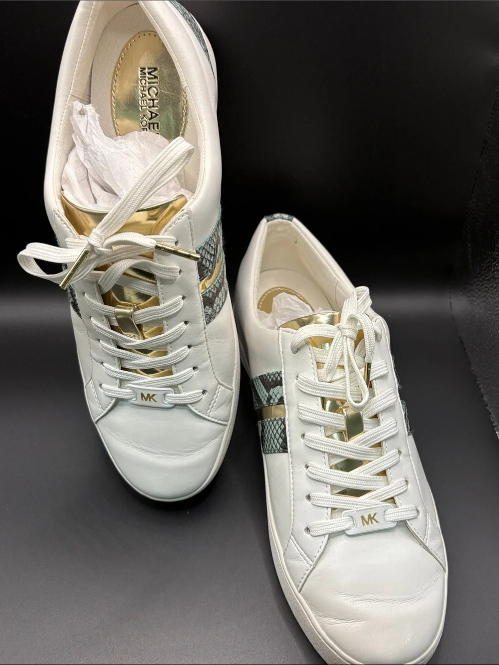 Michael Kors Mint Snake-Print Tote with Matching Wristlet and White Sneakers